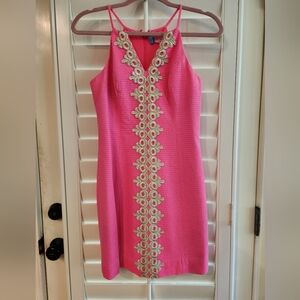 LILLY PULITZER l MIDI SHIFT DRESS PINK W GOLD EMBROIDERY